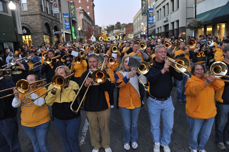 The WVU Alumni Band performing on High Street during the Homecoming Parade