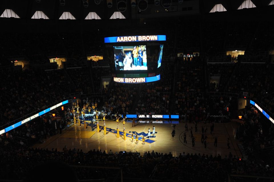 A photo from the stands of the WVU baskebtall team entrance