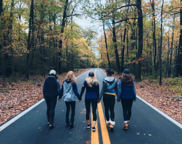 Group of students walking on a two-lane road surrounded by autumn leaves