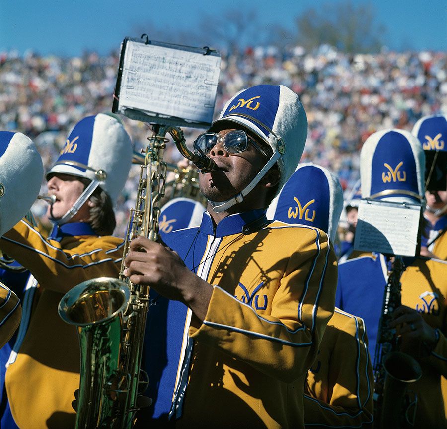 Playing saxophone in the WVU Marching Band