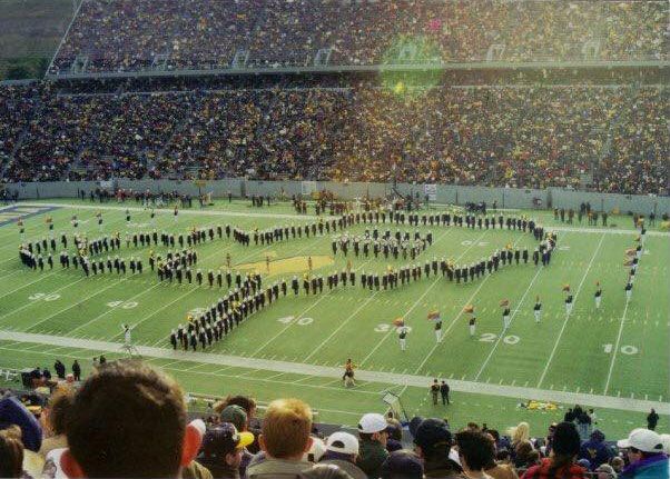 Marching band forms West Virginia state outline at Mountaineer Field