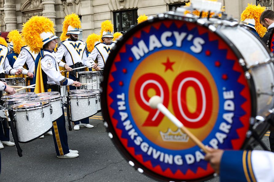 Macy's Thanksgiving Day banner on WVU drum