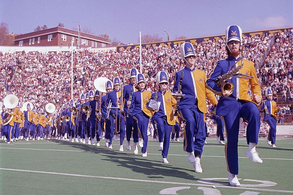 Band marching at Old Mountaineer Field