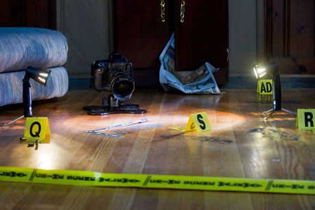 Crime scene with footprints marked